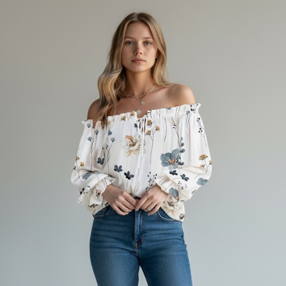 NEW•XL•Creme De La Creme Elegant Floral Off-Shoulder White Blouse - Picture 4 of 4
